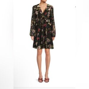 Kensie Floral Long Sleeve Midi Dress with ruffle and velvet details - 10 - NWT